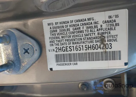 2005 Honda Civic Lx from USA, damaged, VIN 2HGES16515H604203